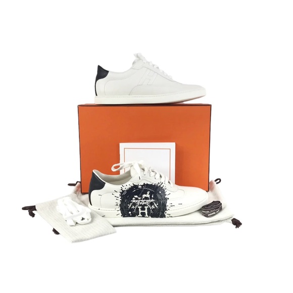 Authentic HERMES Swift Printed Peinture Quicker Sneakers White Black 38 shoes - Picture 4 of 13